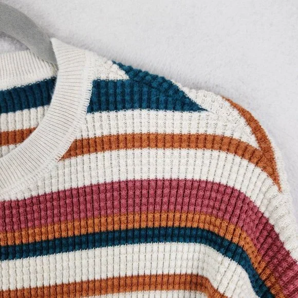 REI Sweater Women Large White Blue Striped Waffle Knit Pullover Cotton Crew Neck - Picture 3 of 12